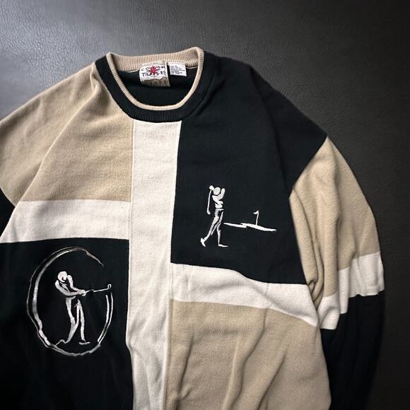 VTG Cotton Traders Sweater Mens XL Black Tan Golf Colorblock Geometric 80s 90s - Picture 2 of 8